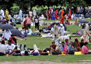 Followers of Dera Sacha Sauda chief Gurmit Ram Rahim gather at a Panchkula park