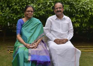 M Venkiah Naidu with his wife at his residence in New Delhi