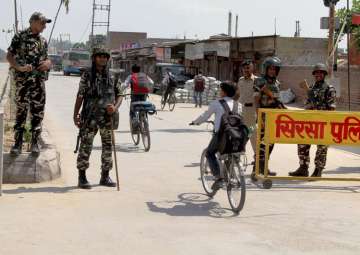 File pic - Security forces at Satnam Chowk, the main entrance to Dera HQs