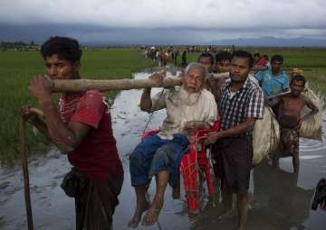 Ethnic Rohingya carry an elderly man and walk through fields in Bangladesh