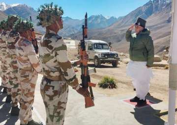 Rajnath Singh takES salute during his visit to ITBP Border Out Post in Rimkhim