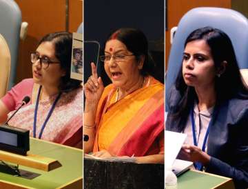 Paulomi Tripathi, Sushma Swaraj and Eenam Gambhir at the UNGA