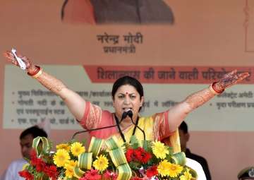 Union Minister Smriti Irani speaks at a public meeting in Gauriganj