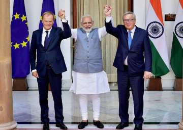 Modi with Donald Tusk and Jean-Claude Juncker at Hyderabad House
