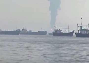 The fire broke out on the tiny Butcher Island, which serves as an oil terminal for the Bharat Petroleum Corp Ltd.