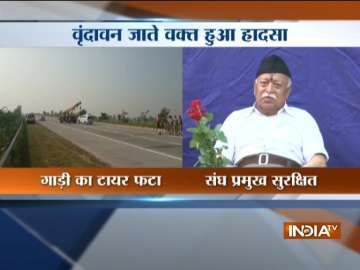 RSS chief Mohan Bhagwat's car had an accident when its tyre burst on Yamuna Expressway on way to Vrindavan.