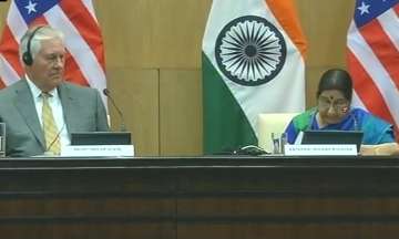 US Secretary of State Rex Tillerson with Sushma Swaraj during a joint press conference.