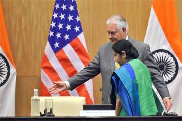 Minister for External Affairs Sushma Swaraj and U.S. Secretary of State Rex Tillerson leave after their joint press conference in New Delhi on Wednesday. 