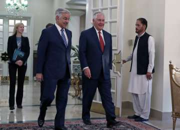 US Secretary of State Rex Tillerson with Pakistani Foreign Minister Khawaja Asif in Islamabad on Tuesday