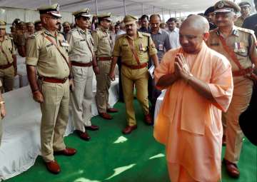 CM Adityanath greets officers and jawans on Police Commemoration Day at Police Lines in Lucknow