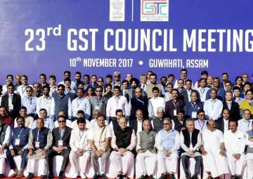 Arun Jaitley in a group photograph with others during the 23rd GST Council meeting, in Guwahati on Friday