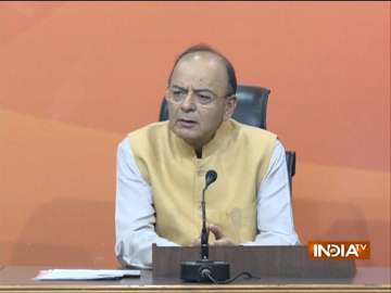 Finance Minister Arun Jaitley addressing a press conference Tuesday