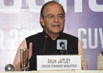 Arun Jaitley addresses a press conference after attending the 23rd GST Council meeting in Guwahati