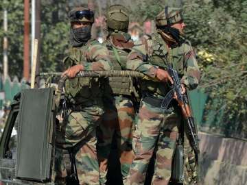 Security forces stand guard in south Kashmir.