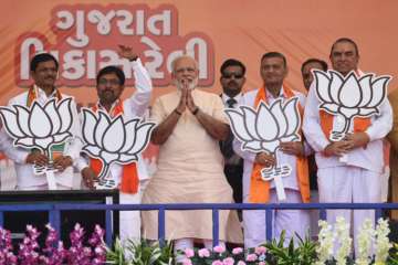 Prime Minister Narendra Modi addressing a public gathering in Prachi, Gujarat.
