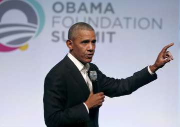 Barack Obama addresses the crowd as the last speaker at the final session of the Obama Foundation Summit
