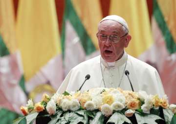 Pope Francis delivers a speech during a meeting with members of the civil society and diplomatic corps in Naypyitaw