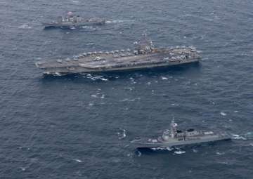 File pic - The USS Ronald Reagan aircraft carrier conducts a drill with South Korean and US warships in the East Sea