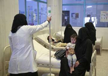 File pic - People are treated for suspected cholera infections at a hospital in Sanaa, Yemen