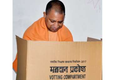 Yogi Adityanath casts his vote for local bodies elections in Gorakhpur on Wednesday