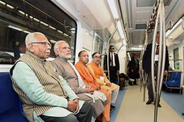  Prime Minister Narendra Modi takes a ride in a Metro from Botanical Garden Station to Okhla Bird Sanctuary