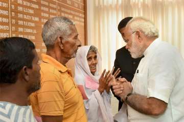 Prime Minister Narendra Modi meets the victims of Cyclone Ockhi in Kavaratti, Lakshadweep on Tuesday.