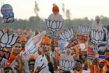 Supporters of BJP during PM Narendra Modi's election campaign rally in Gujarat's Kheda district.