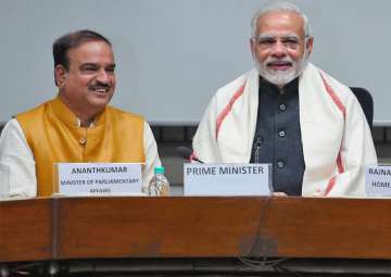 PM Narendra Modi with Parliamentary Affairs Minister Ananth Kumar during an all-party meeting on the eve of the commencement of the Winter Session