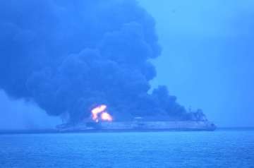Oil tanker SANCHI, owned by an Iranian shipping company,  collided with a cargo ship. AP Photo.