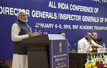 PM Modi addressing the annual conference of the DGPs and IGPs at the BSF Academy in Tekanpur MP. PTI. 