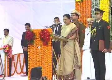 Anandiben Patel takes oath as the governor of Madhya Pradesh in Bhopal.