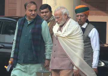 PM Modi, Ananth Kumar, Jitendra Singh and Vijay Goel leave after attending the BJP Parliamentary Party meeting, during the ongoing Winter Session of Parliament, on Wednesday