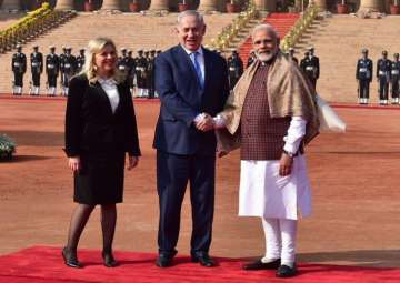 PM Narendra Modi receives Israeli PM Benjamin Netanyahu and his wife Sara Netanyahu at the ceremonial reception hosted for him at Rashtrapati Bhavan