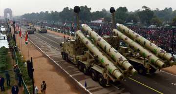 Bhrahmos missile system on display at Rajpath during the full dress rehearsal for the Republic Day Parade in New Delhi on Tuesday