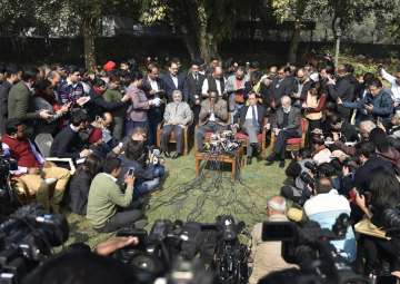 SC judge Jasti Chelameswar along with other judges addresses a press conference in New Delhi on Friday