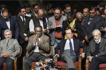 Supreme Court judge Jasti Chelameswar along with other judges addresses a press conference in New Delhi on Friday. 