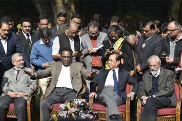 Supreme Court judge Jasti Chelameswar along jusctice Ranjan Gogoi, Madan Lokur and Kurian Joseph during a press conference in New Delhi on Friday. 