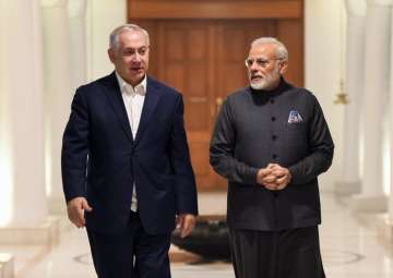 Israeli PM Benjamin Netanyahu and PM Narendra Modi at 7, Lok Kalyan Marg on Sunday night 