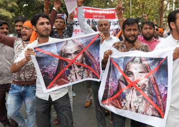 Karni Sena activists protest over the clearance of film 'Padmavati' by the CBFC, in Mumbai on Friday