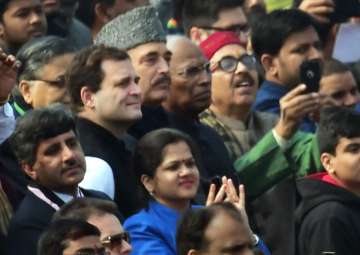 Rahul Gandhi with Ghulam Nabi Azad during 69th Republic Day Parade at Rajpath in New Delhi on Friday