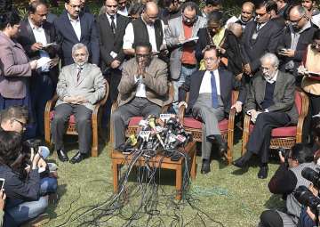 SC judge Jasti Chelameswar along with other judges addresses a press conference in New Delhi on Friday