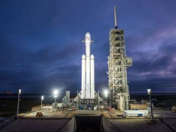 SpaceX's three-core, 27-engine Falcon Heavy launch vehicle sits on pad 39A at Kennedy Space Center in December 2017.