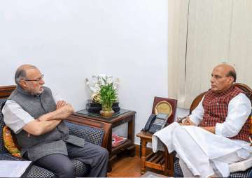 Union Home Minister Rajnath Singh with Lieutenant Governor of Delhi Anil Baijal during their meeting in New Delhi on Saturday.
