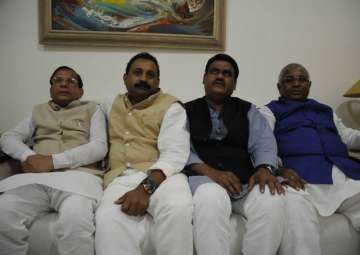 Congress MLCs Ashok Chaudhary, Dilip Chaudhary , Ramchandra Bharti and Tanveer Akhtar who have been suspended by the party in Patna on Feb 28