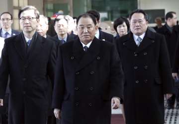 Kim Yong Chol, center, vice chairman of North Korea’s ruling Workers’ Party Central Committee, arrives to attend the closing ceremony of the Pyeongchang Winter Olympics, at the Korea-transit office near the Demilitarized Zone DMZ dividing the two Koreas in Paju, South Korea.