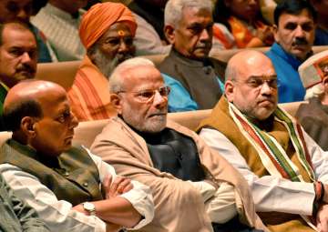 PM Narendra Modi with Amit Shah, Rajnath Singh at the BJP parliamentary party meeting in New Delhi on Friday