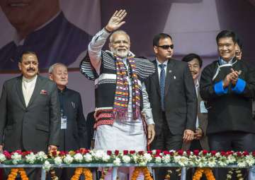 PM Narendra Modi arrivas to inaugurate the Dorjee Khandu state convention center and to lay the foundation stone of the academic block of the Tomo Riba Institute of Health & Medical Sciences (TRIHMS) at Itanagar in Arunachal Pradesh on Thursday