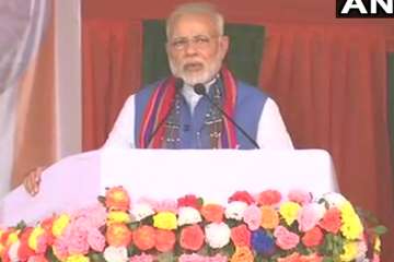 Prime Minister Narendra Modi addresses a public rally in West Garo Hills district's Phulbari