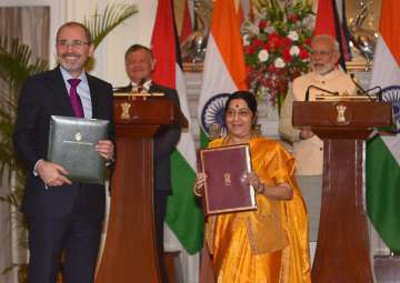 External Minister Sushma Swaraj and Jordanian Foreign Minister Ayman Safadi after signing an agreement, at Hyderabad House in New Delhi on Thursday.