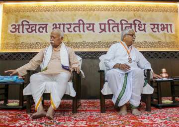 RSS Chief Mohan Bhagwat and Sarkaryavah Bhaiyaji Joshi during the inaugral session of three-day crucial meeting of Akhil Bharatiya Pratinidhi Sabha (ABPS) in Nagpur